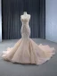 Luxe Scintillantes Champagne Fait main Perlage Faux Diamant Paillettes Robe De Mariée 2024 Trompette / Sirène Bretelles Spaghetti Sans Manches Dos Nu Chapel Train Mariage
