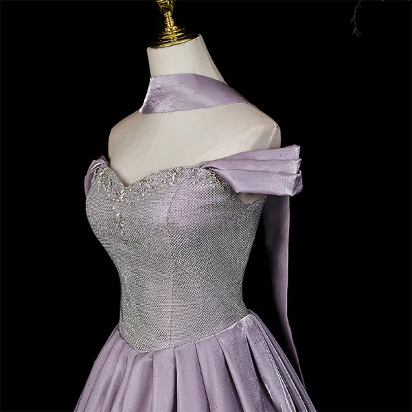 Elegante Violett Strass Ballkleider 2026 A Linie Bandeau Ärmellos Rückenfreies Lange Festliche Kleider