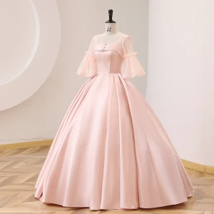 Eleganta Godis Rosa Satin Balklänningar 2022 Balklänning Fyrkantig Ringning Pärla Pösigt 1 2 Ärm Halterneck Långa Bal Formella Klänningar