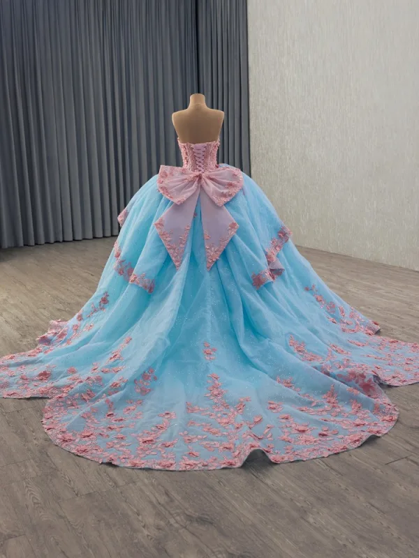Flower Fairy Pool Blue Pearl Lace Flower Appliques Prom Dresses 2025 Ball Gown Off-The-Shoulder Short Sleeve Backless Bow Royal Train Formal Dresses