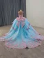 Flower Fairy Pool Blue Pearl Lace Flower Appliques Prom Dresses 2025 Ball Gown Off-The-Shoulder Short Sleeve Backless Bow Royal Train Formal Dresses
