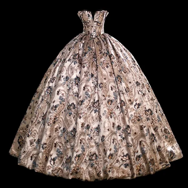 Vintage Champagner Blumen Ballkleider Ballkleid 2023 Bandeau Ärmellos Rückenfreies Lange Ball Festliche Kleider