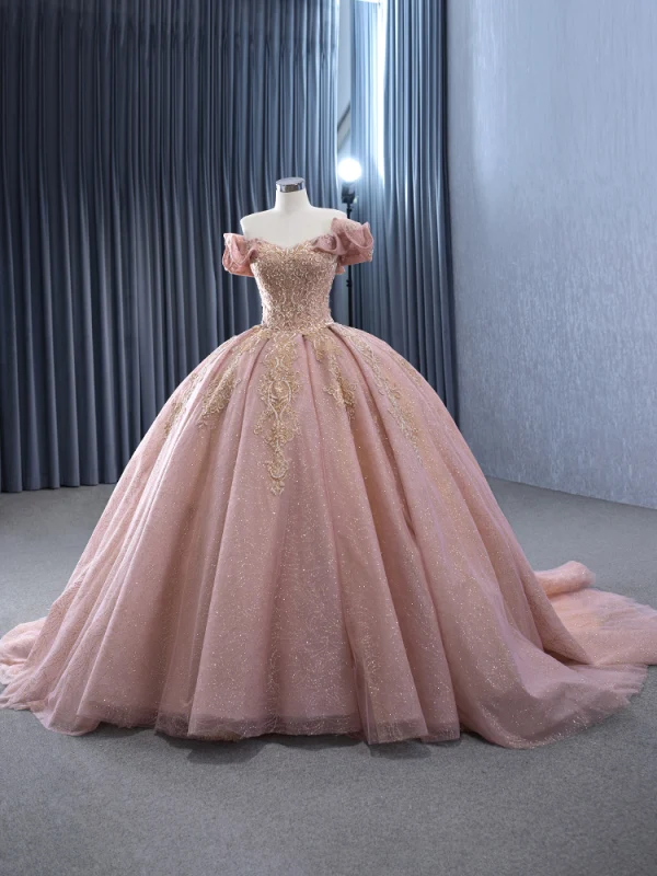 Haut de Gamme Rougissant Rose Glitter Fait main Perlage Paillettes En Dentelle Fleur Robe De Bal 2024 Robe Boule De l'épaule Manches Courtes Dos Nu Tribunal Train Promo