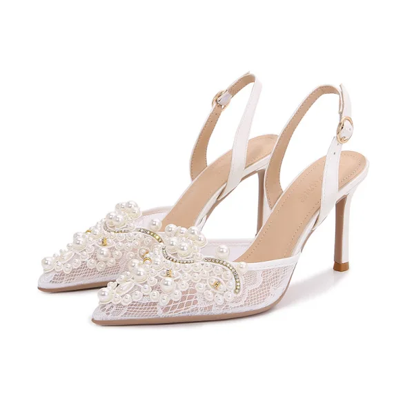 Charming White Lace Flower Rhinestone Pearl Wedding Shoes 2023 8 cm Stiletto Heels Pointed Toe Wedding Sandals High Heels