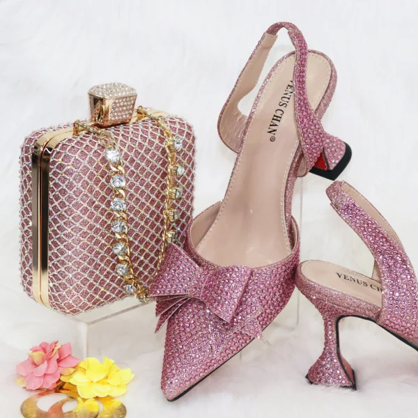 Charming Multi-Colors Rainbow Rhinestone Bow Womens Sandals Clutch Bags 2023 8 cm Stiletto Heels Evening Party Pointed Toe Sandals High Heels Clutch Bags
