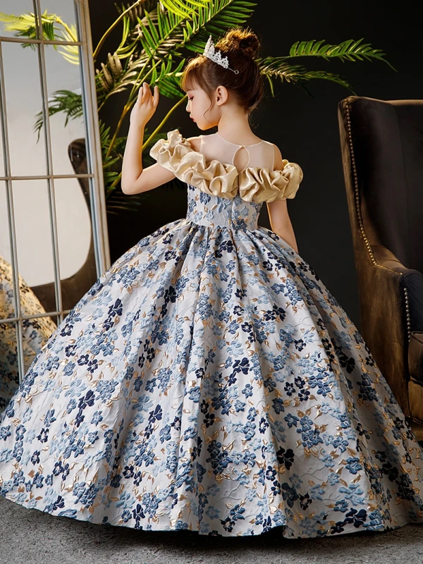 Elegant Sky Blue Printing Birthday Flower Girl Dresses 2024 Ball Gown Scoop Neck Ruffle Short Sleeve Backless Floor-Length / Long