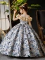 Elegant Sky Blue Printing Birthday Flower Girl Dresses 2024 Ball Gown Scoop Neck Ruffle Short Sleeve Floor-Length / Long