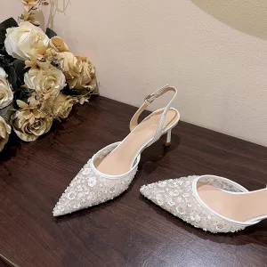 Chic Belle Blanche En Dentelle Perlage Paillettes Chaussure De Mariée 2024 6 Cm Talons Aiguilles À Bout Pointu Mariage Sandales Talons Hauts