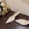 Chic / Beautiful White Lace Beading Sequins Wedding Shoes 2024 6 cm Stiletto Heels Pointed Toe Wedding Sandals High Heels
