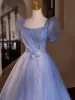 Chic / Beautiful Sky Blue Beading Pearl Appliques Prom Dresses 2024 Ball Gown Scoop Neck Puffy Short Sleeve Backless Floor-Length / Long Prom Formal Dresses