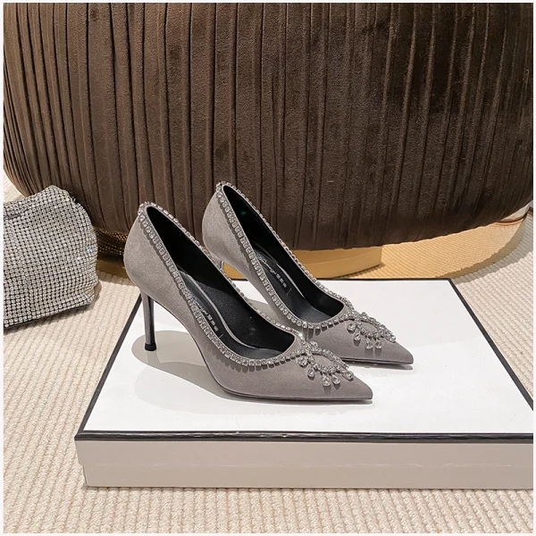 Fashion Burgundy Evening Party Rhinestone Pumps 2023 Leather Suede 8 cm Stiletto Heels Pointed Toe Pumps High Heels