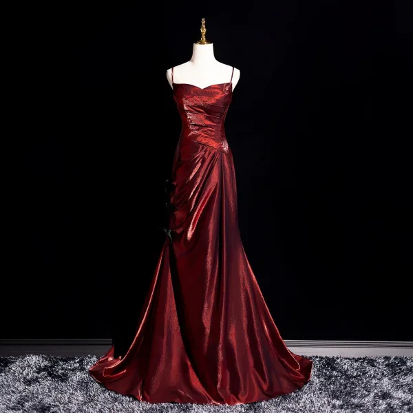 Fashion Burgundy Prom Dresses 2025 Trumpet / Mermaid Spaghetti Straps Puffy Short Sleeve Backless Sweep Train Formal Dresses