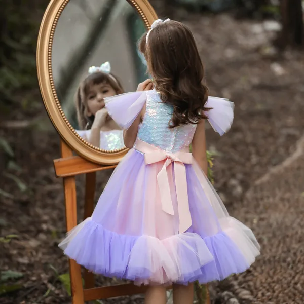 Lovely Sky Blue Sequins Birthday Flower Girl Dresses 2023 Ball Gown Scoop Neck Short Sleeve Bow Floor-Length / Long Flower Girl Dresses
