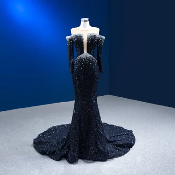 Haut De Gamme Noire Perlage Perle Paillettes Robe De Soirée 2023 Trompette Sirène Encolure Dégagée 3 4 Manches Longue Soirée Robe De Ceremonie