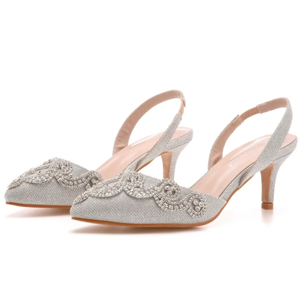 Bling Bling Silber Abend Strass Sandalen Damen 2023 6 cm Stilettos Spitzschuh Sandaletten Hochhackige