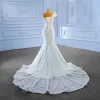 Luxury / Gorgeous White Handmade  Beading Pearl Sequins Wedding Dresses 2022 Trumpet / Mermaid One-Shoulder Sleeveless Backless Court Train Wedding