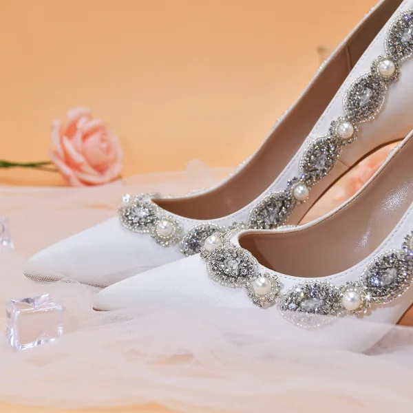 Elegante Weiß Perle Strass Brautschuhe 2022 Satin 10 cm Stilettos Spitzschuh Hochzeit Pumps Hochhackige