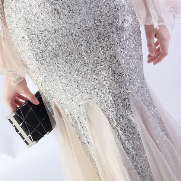Sparkly Black Sequins Evening Dresses 2024 Trumpet / Mermaid V-Neck Bell sleeves Backless Floor-Length / Long Evening Party Formal Dresses