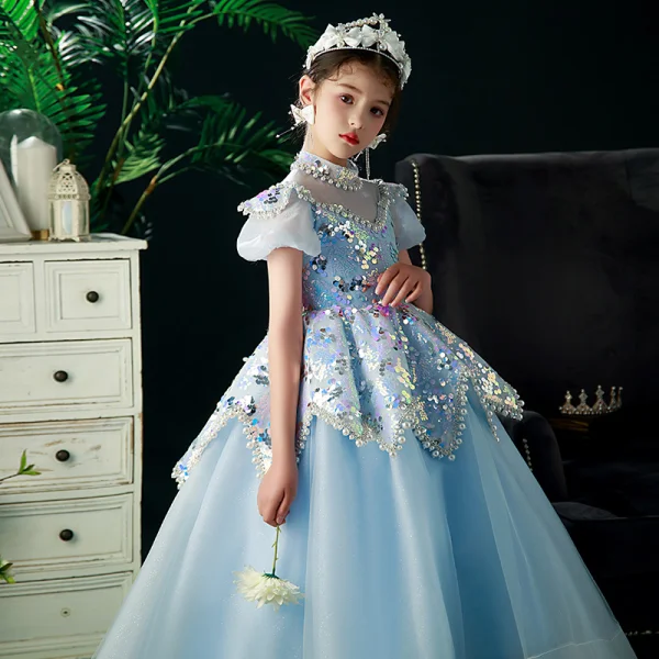 Glitzernden Himmelblau Pailletten Perle Strass Geburtstag Blumenmädchenkleider 2022 Ballkleid Stehkragen Kurze Ärmel Rückenfreies Lange Blumenmädchenkleider