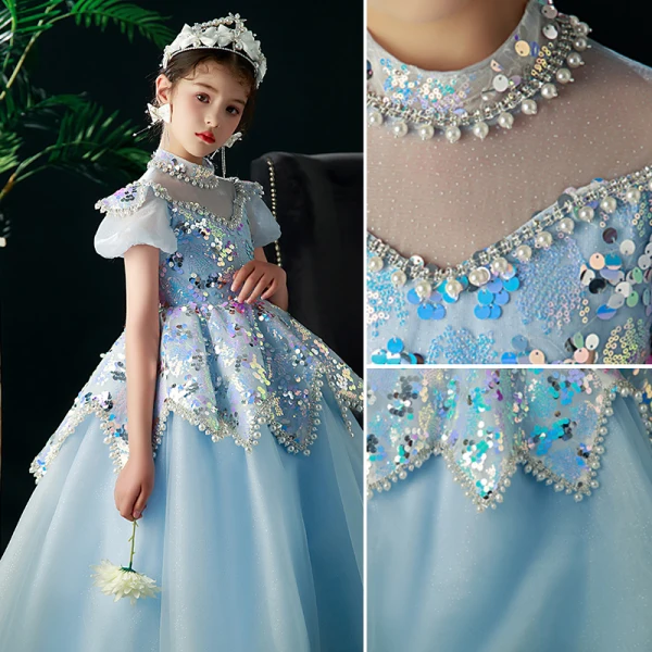 Glitzernden Himmelblau Pailletten Perle Strass Geburtstag Blumenmädchenkleider 2022 Ballkleid Stehkragen Kurze Ärmel Rückenfreies Lange Blumenmädchenkleider