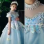 Glitzernden Himmelblau Pailletten Perle Strass Geburtstag Blumenmädchenkleider 2022 Ballkleid Stehkragen Kurze Ärmel Rückenfreies Lange Blumenmädchenkleider