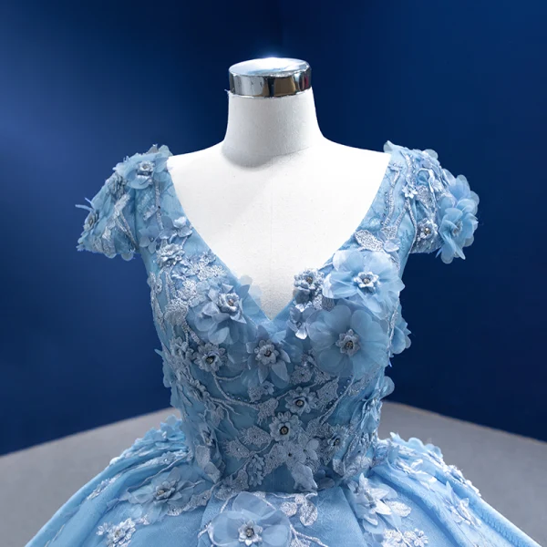 Luxury / Gorgeous Pool Blue Rhinestone Lace Flower Appliques Prom Dresses 2022 Ball Gown V-Neck Short Sleeve Backless Floor-Length / Long Formal Dresses