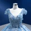 Luxury / Gorgeous Pool Blue Rhinestone Lace Flower Appliques Prom Dresses 2022 Ball Gown V-Neck Short Sleeve Backless Floor-Length / Long Formal Dresses