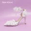Elegant White Pearl Lace Butterfly Flower Wedding Shoes 2024 Ankle Strap 9 cm Stiletto Heels Pointed Toe Wedding Sandals High Heels