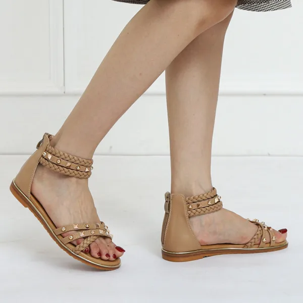 Fashion Roman Black Street Wear Casual Flat Womens Sandals 2022 Rivet Open / Peep Toe Sandals