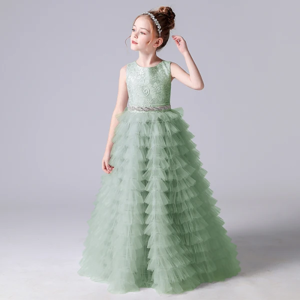 Chic / Beautiful Grey Cascading Ruffles Birthday Flower Girl Dresses 2022 A-Line / Princess Scoop Neck Sleeveless Bow Sash Floor-Length / Long Flower Girl Dresses