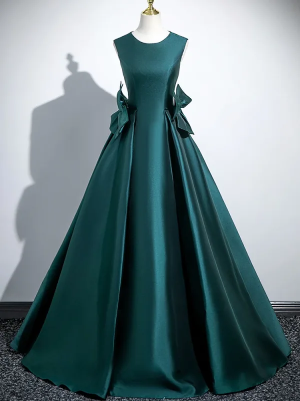Vintage / Retro Dark Green Bow Satin Prom Dresses 2025 Ball Gown Scoop Neck Sleeveless Backless Floor-Length / Long Prom Formal Dresses