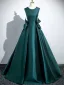 Vintage / Retro Dark Green Bow Satin Prom Dresses 2025 Ball Gown Scoop Neck Sleeveless Backless Floor-Length / Long Prom Formal Dresses