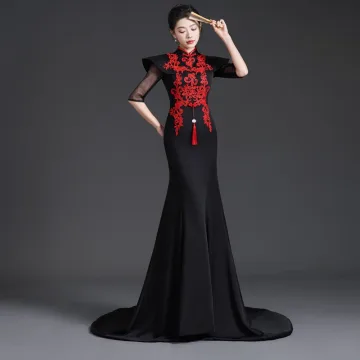 Kinesisk Stil Svarta Spets Blomma Cheongsam Aftonklänningar 2025 Trumpet Sjöjungfru Hög Hals 1 2 Ärm Svep Tåg Afton Cheongsam