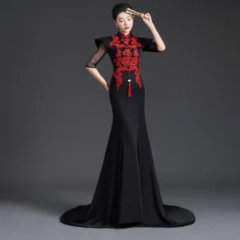 Chinese Style Black Lace Flower Cheongsam Evening Dresses 2025 Trumpet Mermaid High Neck 1 2 Sleeves Sweep Train Evening Party Cheongsam Qipao