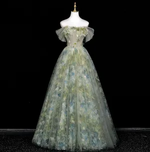 Fée Des Fleurs Vert Cendré Appliques Robe De Bal 2025 Princesse De L Épaule Manches Courtes Dos Nu Longue Robe De Ceremonie