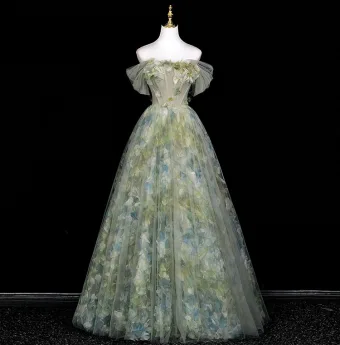 Blumenfee Salbeigrün Applikationen Ballkleider 2025 A Linie Off Shoulder Kurze Ärmel Rückenfreies Lange Festliche Kleider