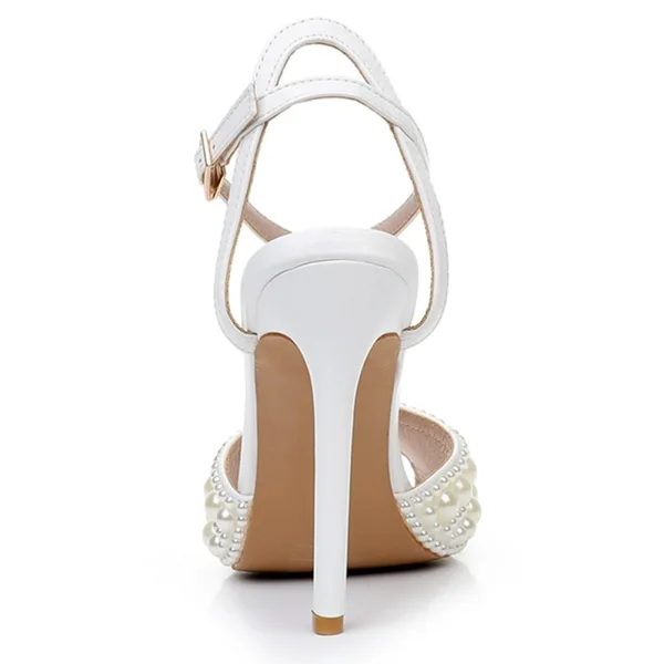 Elegant White Pearl Wedding Shoes 2024 Ankle Strap 11 cm Stiletto Heels Open / Peep Toe Wedding Sandals High Heels