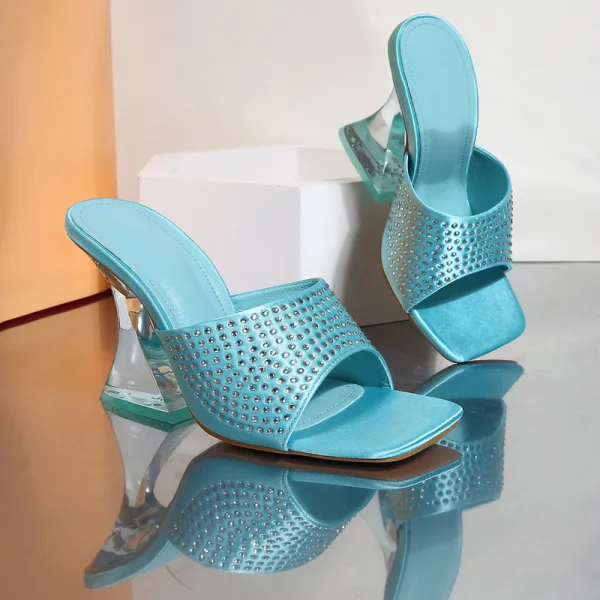Summer Fashion Pool Blue Street Wear Rhinestone Womens Sandals 2022 9 cm Crystal Stiletto Heels Open / Peep Toe Sandals High Heels