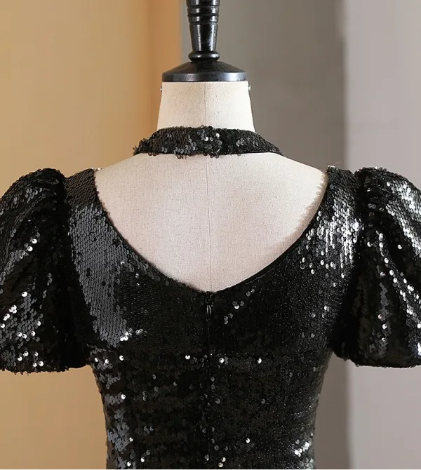 Glitzernden Schwarz Pailletten Ballkleider A Linie 2024 Eckiger Ausschnitt Kurze Ärmel Rückenfreies Lange Ball Festliche Kleider