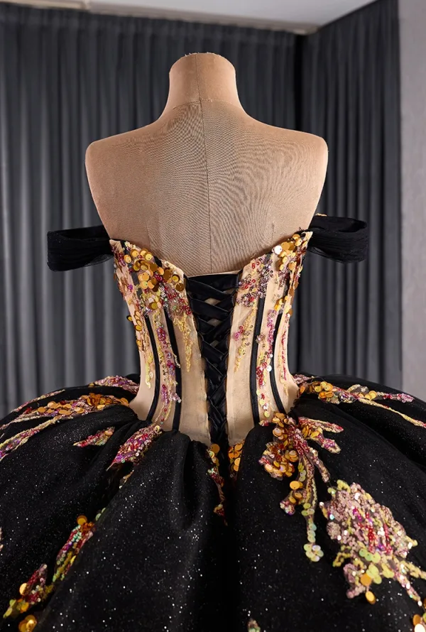 Haut de Gamme Noire Fait main Perlage Paillettes Quinceañera Robe De Bal 2025 Robe Boule De l'épaule 1/2 Manches Dos Nu Tribunal Train Robe De Ceremonie