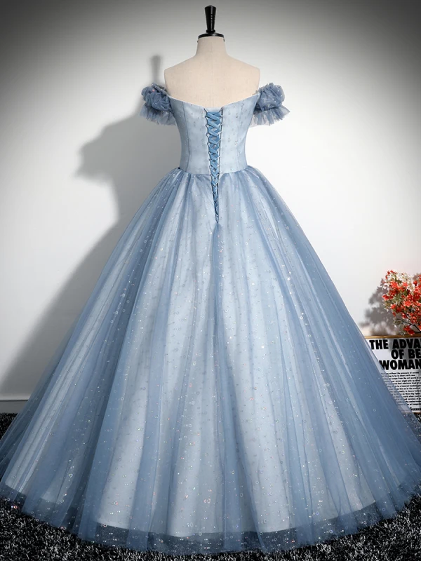 Elegant Sky Blue Beading Lace Flower Pearl Sequins Prom Dresses 2024 A-Line / Princess Off-The-Shoulder Short Sleeve Backless Floor-Length / Long Prom Formal Dresses