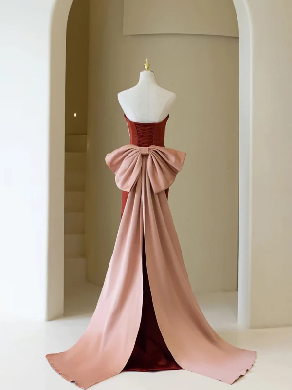 Vintage / Retro Burgundy Satin Evening Dresses 2023 Trumpet / Mermaid Strapless Sleeveless Backless Bow Floor-Length / Long Prom Formal Dresses