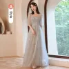 Modest / Simple Grey Lace Flower Bridesmaid Dresses 2023 A-Line / Princess Short Sleeve Backless Floor-Length / Long Bridesmaid Dresses