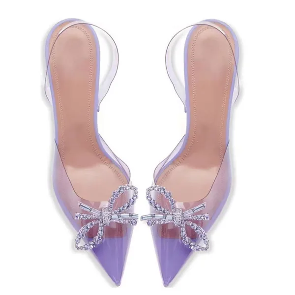 Transparent Sexy Summer Purple Evening Party Womens Sandals 2022 Rhinestone Bow 9 cm Stiletto Heels Pointed Toe High Heels