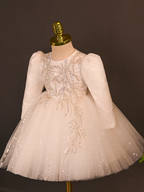 Bling Bling White Beading Sequins Bow Short Birthday Flower Girl Dresses 2024 Ball Gown Scoop Neck Long Sleeve