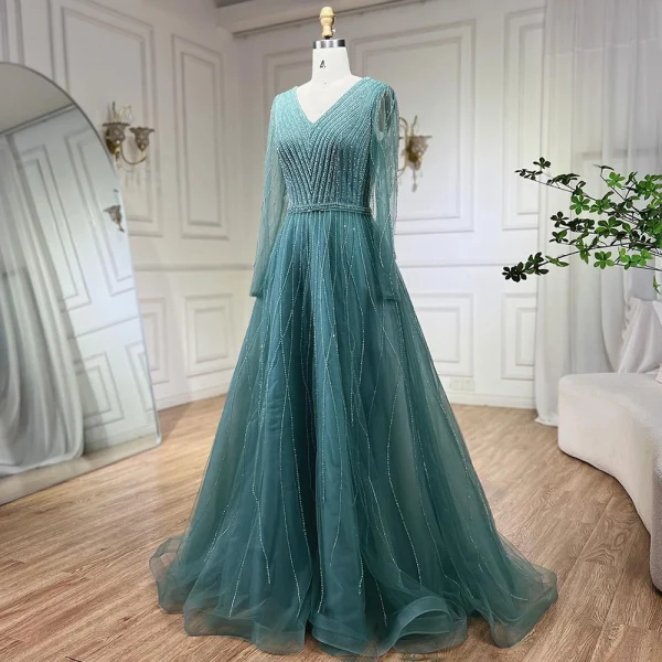 High-end Royal Blue Handmade  Beading Prom Dresses 2024 A-Line / Princess V-Neck Long Sleeve Floor-Length / Long Prom Formal Dresses