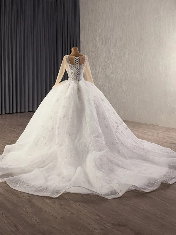 Luxury / Gorgeous White Handmade  Beading Sequins Pearl Wedding Dresses 2025 Ball Gown Scoop Neck Long Sleeve Chapel Train Wedding