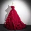 Chic / Beautiful Burgundy Appliques Cascading Ruffles Prom Dresses 2025 Ball Gown Strapless Sleeveless Backless Floor-Length / Long Prom Formal Dresses