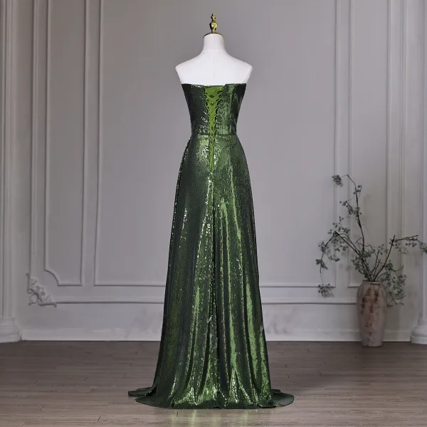 Vintage / Retro Dark Green Sequins Evening Dresses  2026 A-Line / Princess Strapless Sleeveless Backless