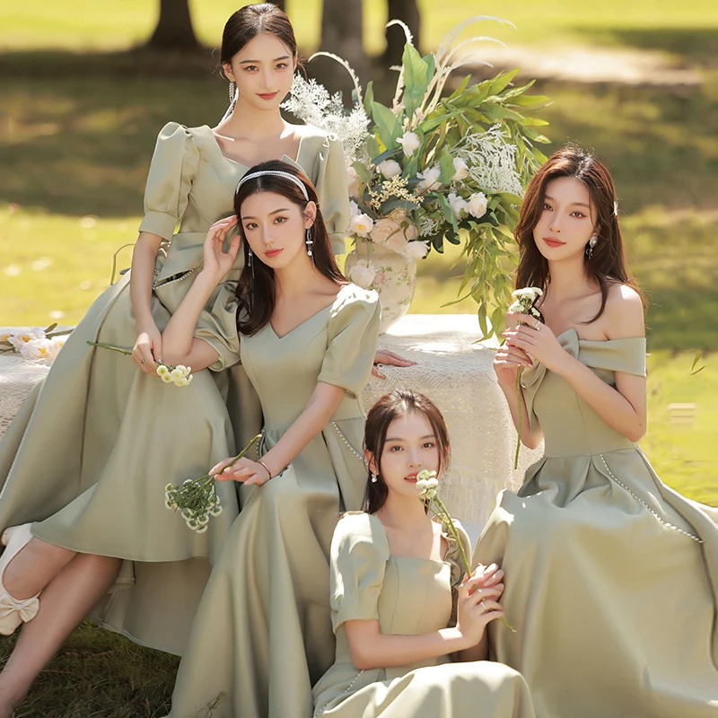 Modest Simple Sage Green Satin Bridesmaid Dresses 2022 A-Line Princess Short Sleeve Long